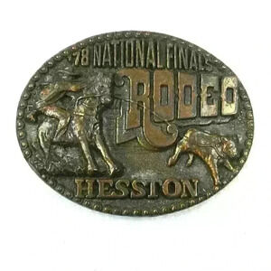 Vintage 1978 National Finals Rodeo Hesston Belt Buckle Brass tone Metal Oklahoma